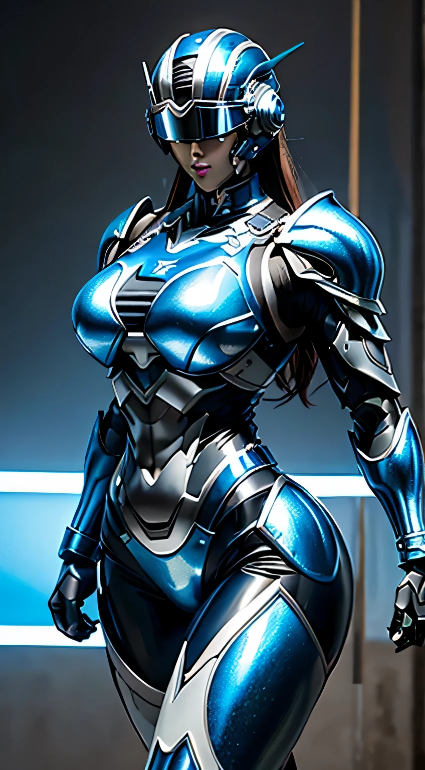 female robocop solo、bright outdoors、strong light source、8K, high quality, masterpiece, 最high quality、very detailed、Armor that completely covers the whole body、very large armor、Helmet covering the head、clear pictures、Eyes hidden by thin straight goggles:1.3、The lower half of the face is raw:1.5、The lower half of the face is exposed、luscious lips、Dark blue and white metallic armor、Armor that completely covers the chest、thin and long legs、Vibrant posel body view,big and full breasts:1.5, (sports body:1.5)、five fingers、photos around town