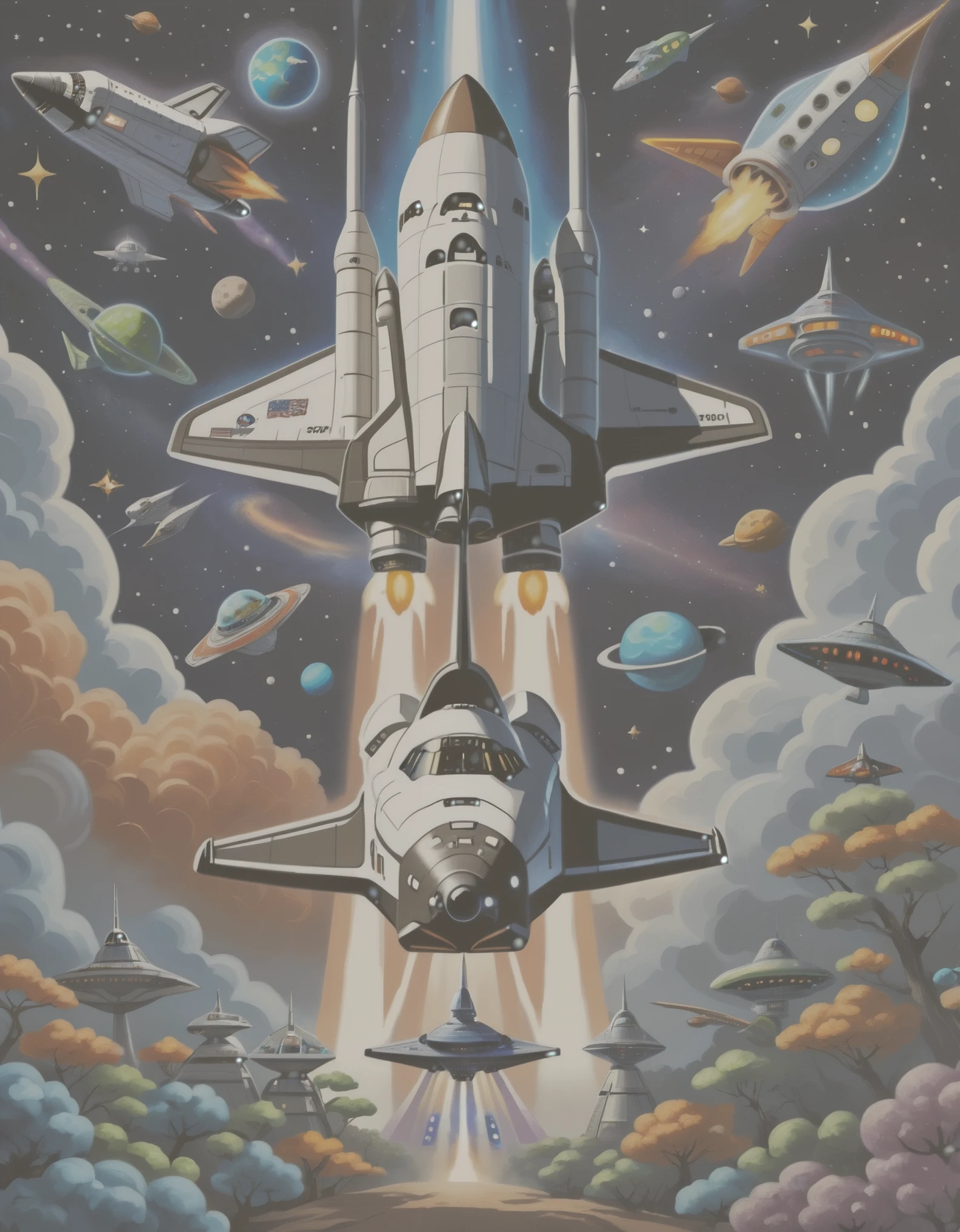 A drawing of a space shuttle and spaceship with cartoon aliens, with Spaceship in the sky, Spaceship in the sky, in space, In Star Japan, Space travelling, 多云的Spaceship in the sky, Gorgeous spaceship painting, 80s typographic science fiction art, rich and colorful!! Very detailed, epic spaceship scene, spaceship flight