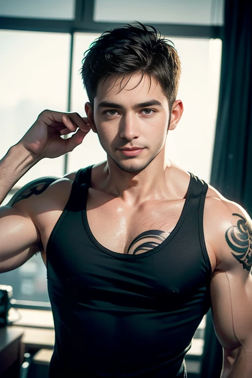 ((Men only)), (head Shot), (Handsome muscular man in tank top of a man with red and blue and yellow tattoos all over his body), Chris Redfield, Mischievous smile, (detaile: 1 in 1), Natural muscles, HIG quality, beautidful eyes, (Detailed face and eyes), (Face、: 1 / 2), Noise, Real Photographics、... ....................................................................................PSD, Sharp Focus, High resolution 8K, realisitic & Professional Photography, 8K UHD, Soft lighting, High quality, Film grain, FujifilmXT3
