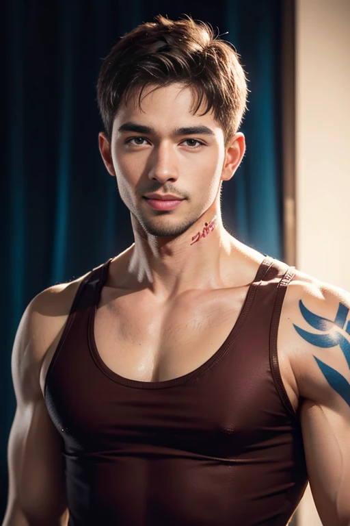 ((Men only)), (head Shot), (Handsome muscular man in tank top of a man with red and blue and yellow tattoos all over his body), Chris Redfield, Mischievous smile, (detaile: 1 in 1), Natural muscles, HIG quality, beautidful eyes, (Detailed face and eyes), (Face、: 1 / 2), Noise, Real Photographics、... ....................................................................................PSD, Sharp Focus, High resolution 8K, realisitic & Professional Photography, 8K UHD, Soft lighting, High quality, Film grain, FujifilmXT3