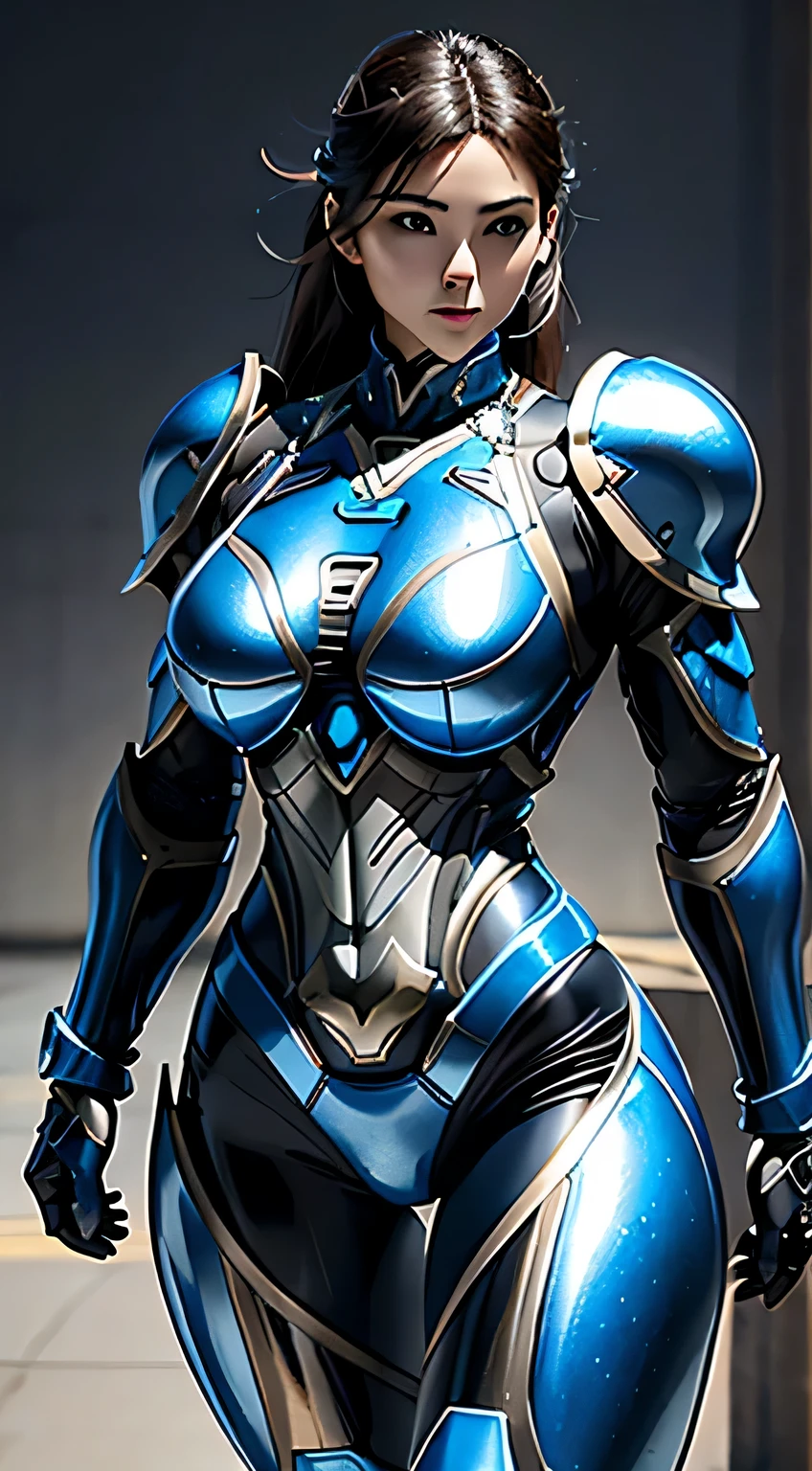 female robocop solo、bright outdoors、strong light source、8K, high quality, masterpiece, 最high quality、very detailed、Armor that completely covers the whole body、very large armor、Helmet covering the head、clear pictures、Eyes hidden by thin straight goggles:1.3、The lower half of the face is raw:1.5、The lower half of the face is exposed、luscious lips、Dark blue and white metallic armor、Armor that completely covers the chest、thin and long legs、Vibrant posel body view,big and full breasts:1.5, (sports body:1.5)、five fingers、photos around town