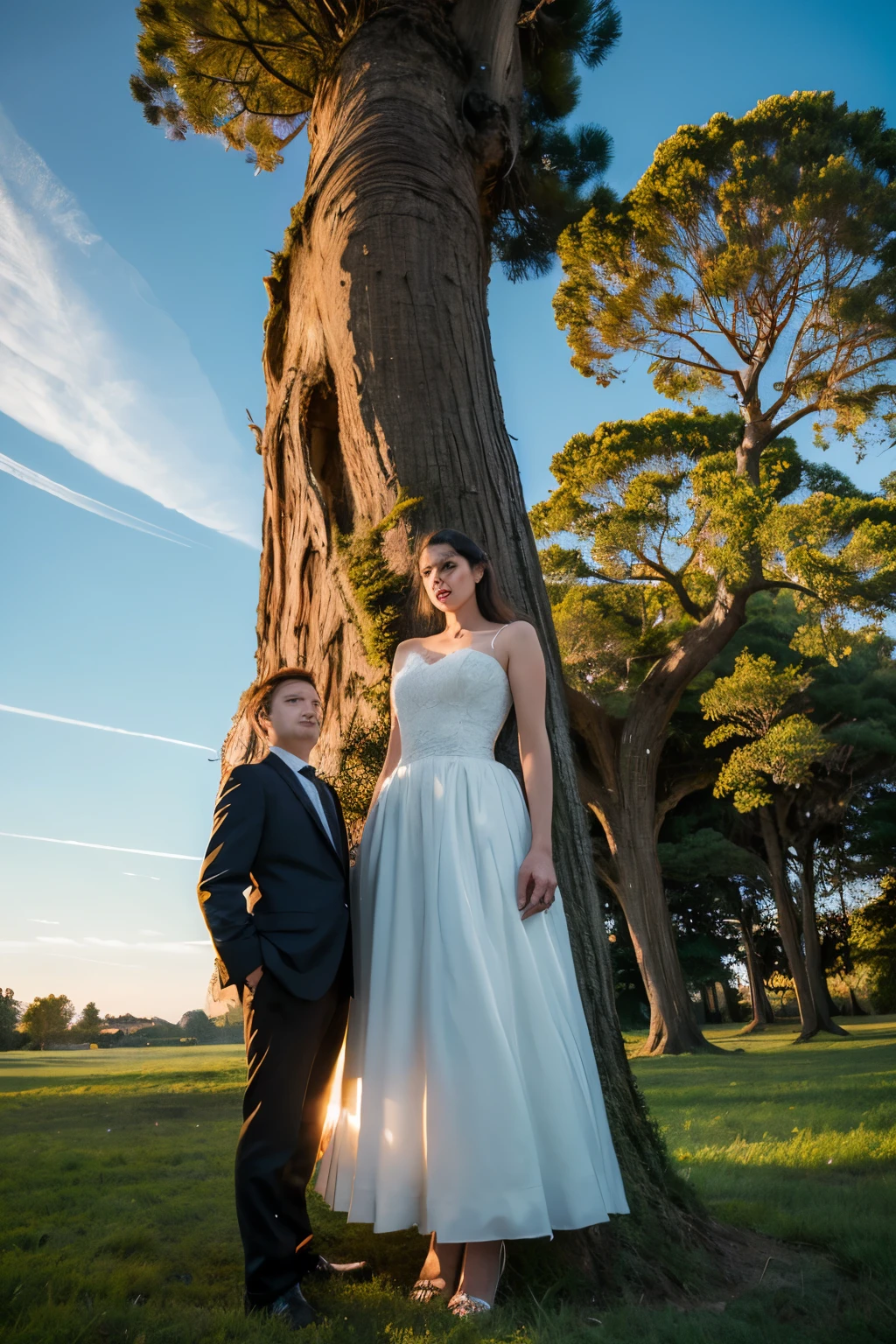 9 foot super tall girl standing next to short men, height contrast comparison, towering presence, towering figure, striking difference, men appear miniature, gentle giants, impressive stature, tall girl's eyes fixated on men, men looking up in awe, high-angle perspective, fine details, realistic textures, breath-taking scenery, sun setting in the background, grassy fields, blurred shadows, stunning contrast. 

((Ultra-high definition: 1.5), (Masterpiece: 1.3), (Super detailed: 1.2), (Realistic capture: 1.4), (High-resolution: 1.1), (