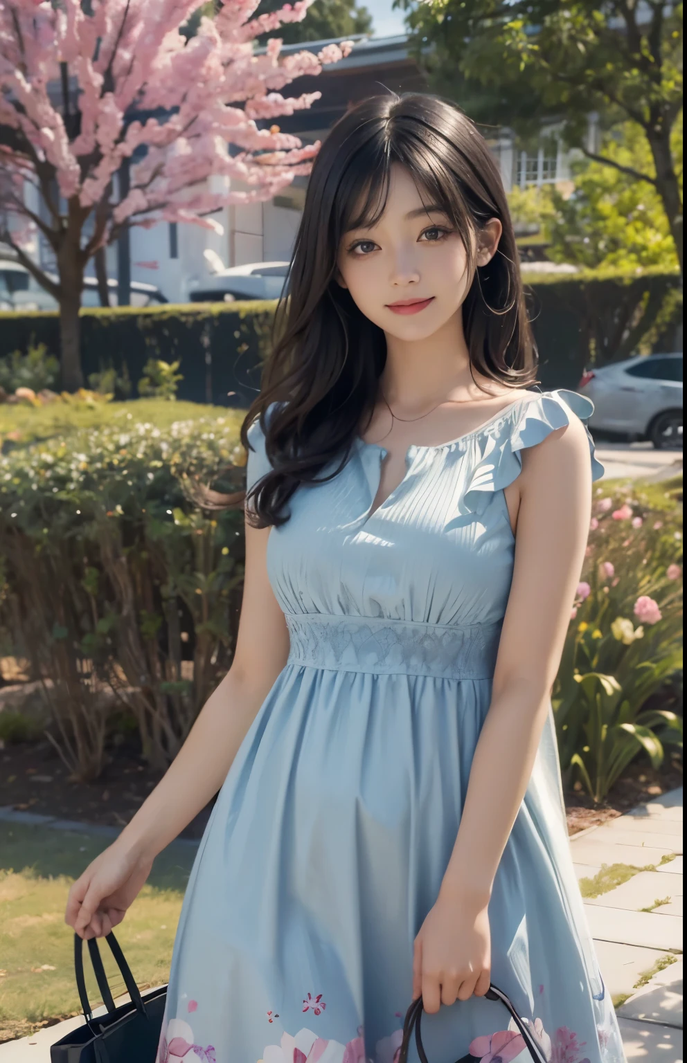 (ultra realistic) , (illustration), (increase resolution), (8K), (extremely detailed), (best illustration), (beautiful detailed eyes), (best quality), (ultra-detailed), (masterpiece), (wallpaper), (detailed face), solo,1 girl, looking at viewers, black straight hair, delicate details, in the dark, deep shadow, low key, pureerosfaceace_v1, happy smile, pastel-color summer dress, full body, garden
