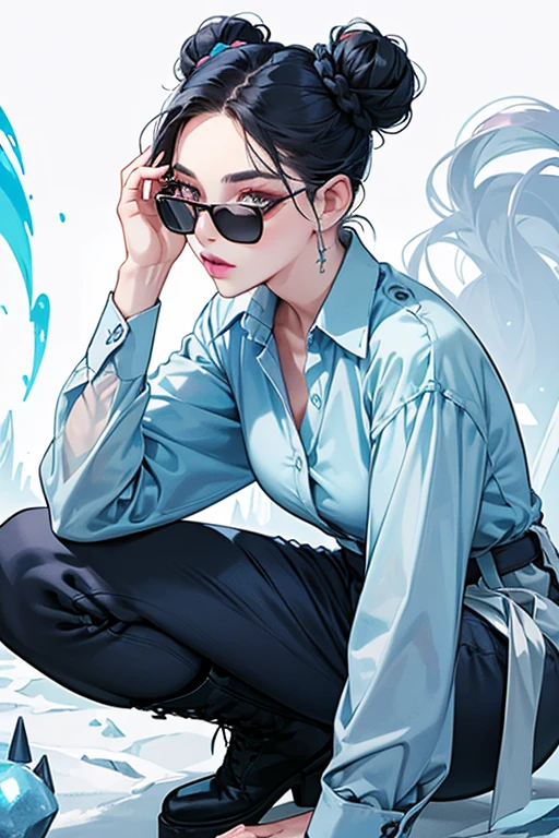 Her hair is a dark navy, that's pulled back into a double bun. She has light blue lips and wears circular sunglasses. Her skin tone is the same grayish-blue as the Ice King's. She wears a dark pink-red button-up shirt, white pants, and black boots.