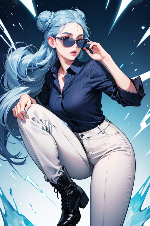 Her hair is a dark navy, that's pulled back into a double bun. She has light blue lips and wears circular sunglasses. Her skin tone is the same grayish-blue as the Ice King's. She wears a dark pink-red button-up shirt, white pants, and black boots.