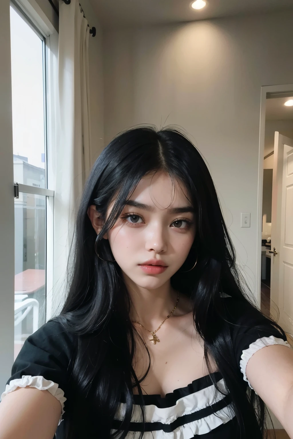 Araped woman with long black hair and black blouse posing for selfie, Cerveza Soft Devil Queen Madison, Violet Myers, curtain bangs, No makeup, wavy hair, Madison Beer, without makeup, Portrait of Madison's Beer Girl, 중앙에서 분리된 curtain bangs, Profile picture, Use Instagram Filters, Subtle soft and dim light, posing in a bedroom, perfect face, julia sardinian