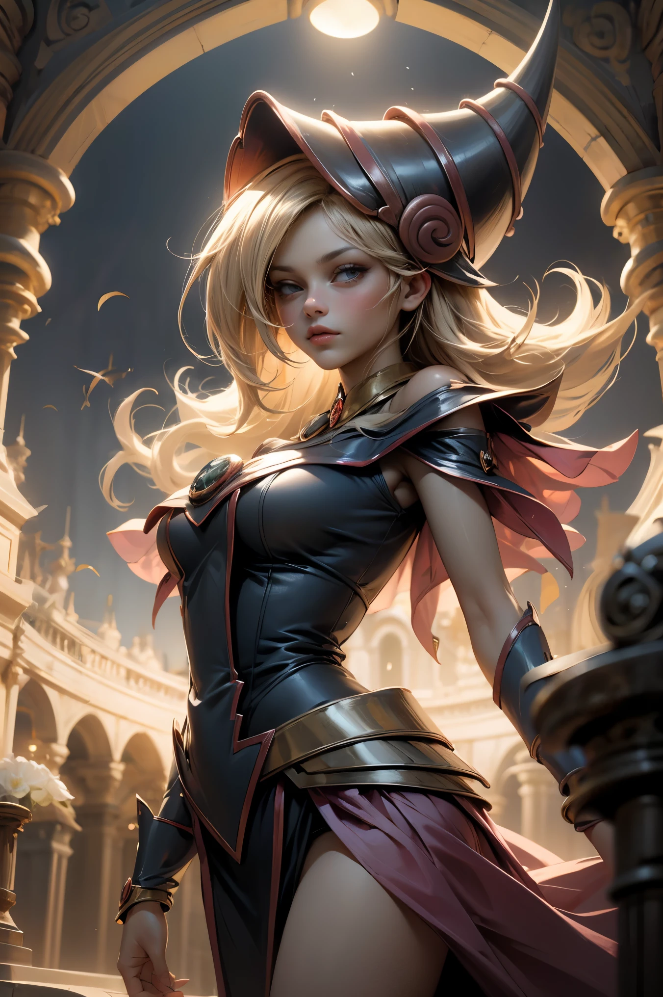 (Obra maestra:1.2), (La mejor calidad:1.2), perfect lighting, Chica Maga Oscura lanzando un hechizo, flotando en el aire, tetas grandes, escote, fondo de magia. Corazones transparente en el hambiente, bata azul, sombrero grande, desde arriba, Destellos, Yugioh Card en el fondo