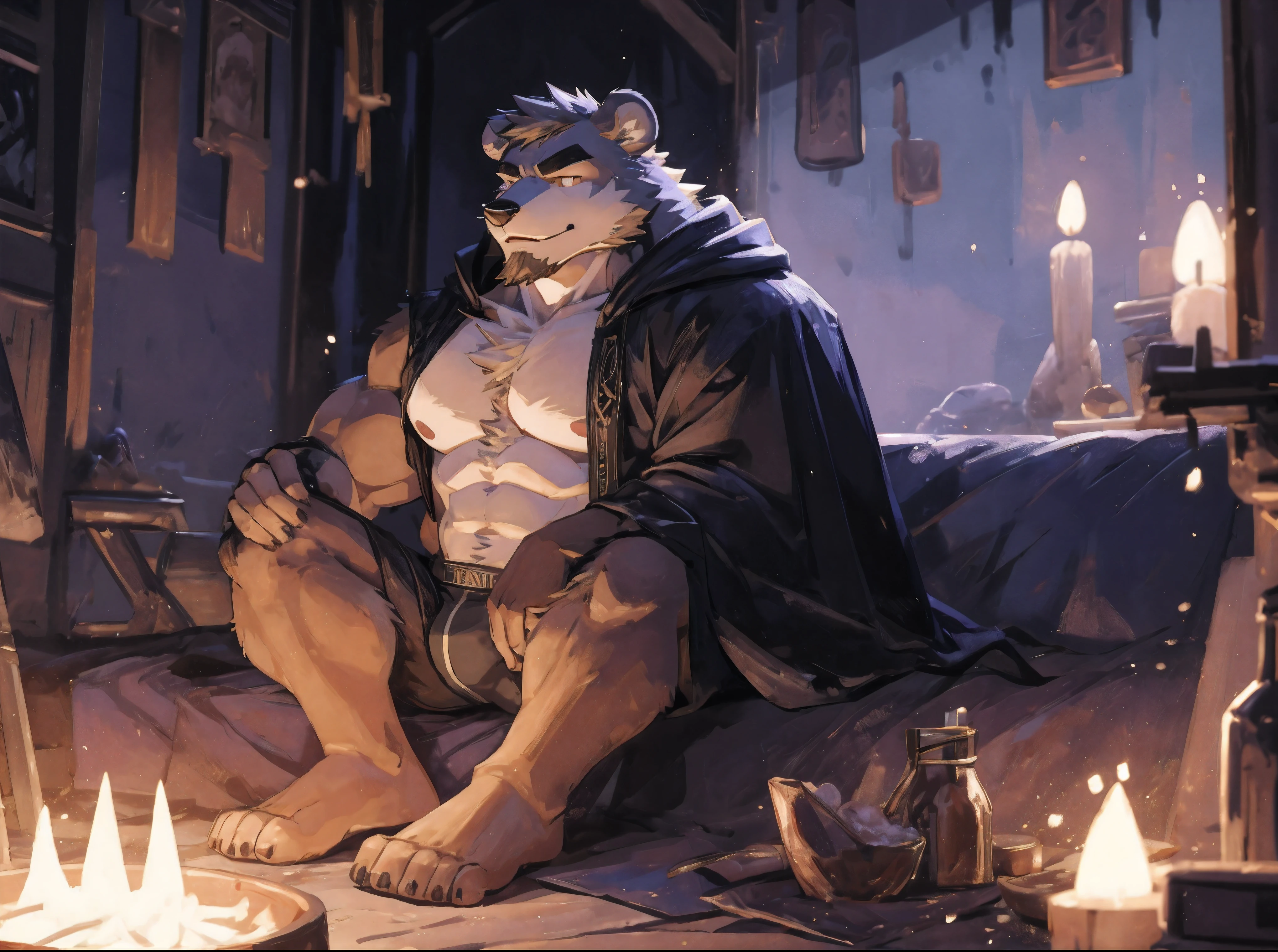 (masterpiece:1.2), best quality,pixiv,official art,perfect anatomy, (Ray tracing, light), (ultra deTailed), sharp focus, solo, (1_male:1.3) , (muscle), (gray fur:1.4), (muscle bear), (beard:1.2), (glowing cyan eyes), Thick eyebrows, (naked:1.1), blanket on the shoulder, (boxer:1.3), barefoot, sitting on sofa , relax hand