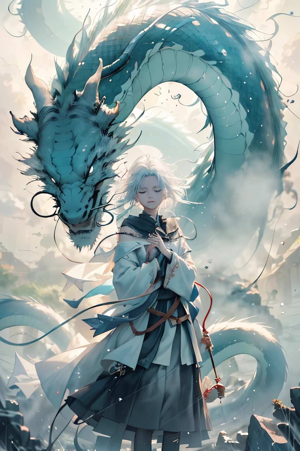 A girl with white hair, her eyes closed in tranquility, rides atop a majestic Chinese dragon made of shimmering water, as the rain pours down in torrents on this gloomy day. The scene is captured through the lens of a secondary telephoto camera, revealing the intricate details of the dragon's scales and the drops of water beading on its surface. The high-quality, HD image is bathed in the cold, ethereal light of the rain, adding depth and dimension to the scene. Multiple details come to life in this Makoto Shinkai-inspired masterpiece, as the delicate droplets of water and the girl's peaceful expression are rendered with