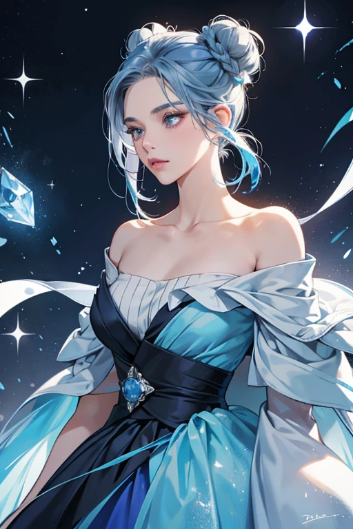 Her hair is a dark navy, that's pulled back into a double bun. She has light blue lips. Her skin tone is the same grayish-blue as the Ice King's. She now wears a multi-layered off-the-shoulder gown whose straps display a blue, flame-like animation. The rest of her gown glitters, possibly related to her ice element.  SPARKLE; GLITTER