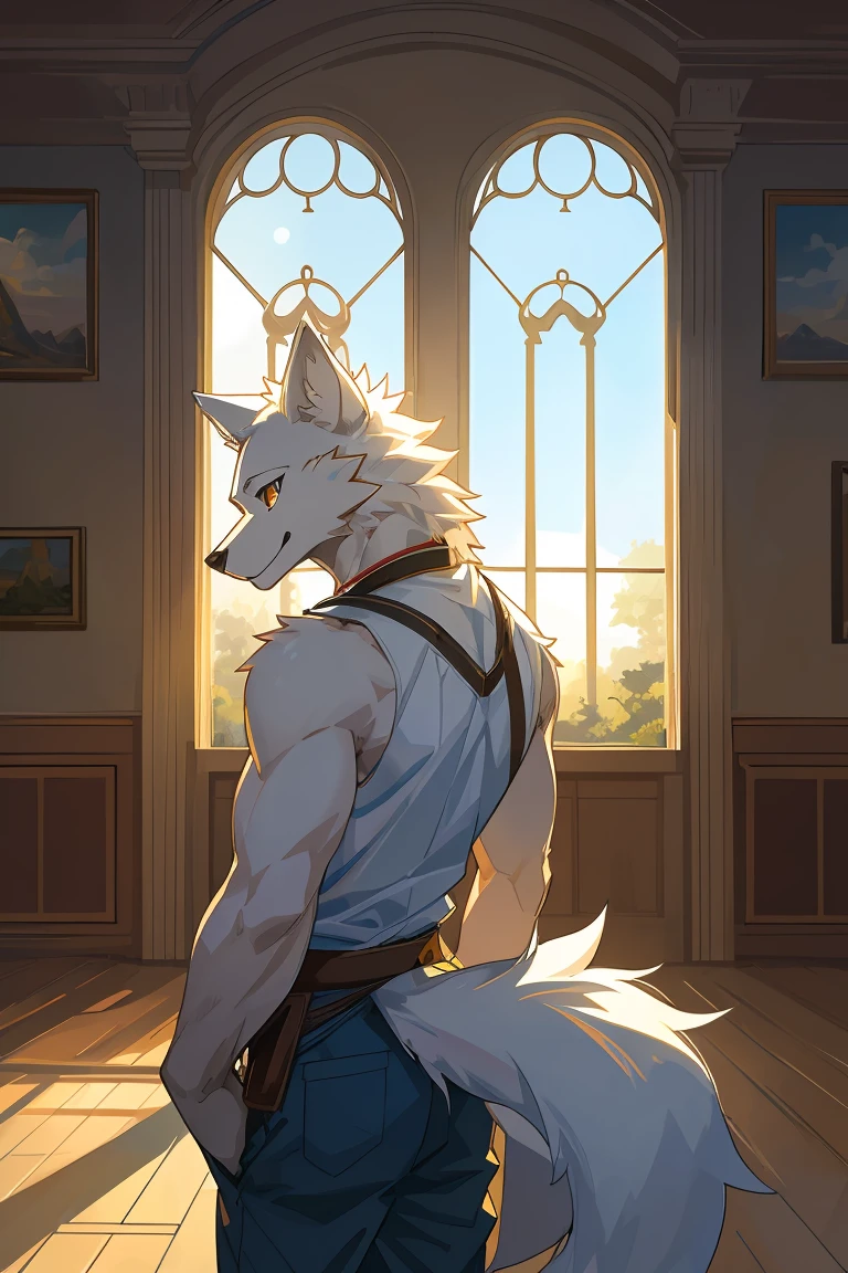 cover, high resolution, top quality, best quality, Paid rewards available, Unparalleled masterpiece, perfect work of art, Ridiculous, High quality illustrations, 超high resolution, Detailed background, perfect anatomy(1 boy, alone, Kanno,Left and right yellow and blue eyes,White furry wolf human,)In a room with many windows,movie lighting