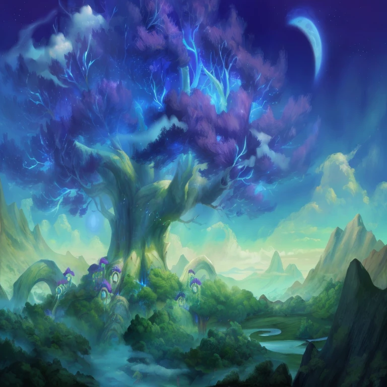 painting of a tree with purple flowers in a mountain landscape, world of warcraft concept art, high fantasy landscape, large magical trees, made of tree and fantasy valley, fantasy tree, mystical fantasy landscape, fantasy art landscape, hearthstone concept art, fantasy magical vegetation, background artwork, concept art magical highlight, stunning arcanum backdrop, magical landscape, fae wilds sky