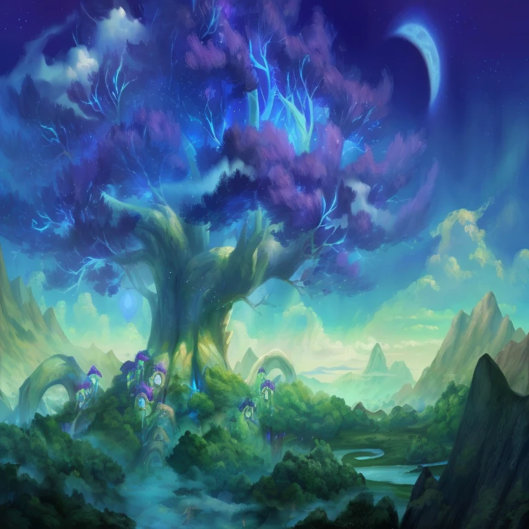 painting of a tree with purple flowers in a mountain landscape, world of warcraft concept art, high fantasy landscape, large magical trees, made of tree and fantasy valley, fantasy tree, mystical fantasy landscape, fantasy art landscape, hearthstone concept art, fantasy magical vegetation, background artwork, concept art magical highlight, stunning arcanum backdrop, magical landscape, fae wilds sky