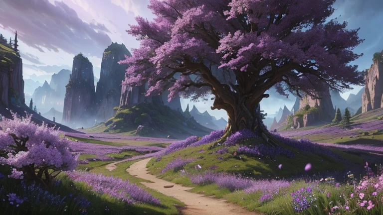 painting of a tree with purple flowers in a mountain landscape, world of warcraft concept art, high fantasy landscape, large magical trees, made of tree and fantasy valley, fantasy tree, mystical fantasy landscape, fantasy art landscape, hearthstone concept art, fantasy magical vegetation, background artwork, concept art magical highlight, stunning arcanum backdrop, magical landscape, fae wilds sky