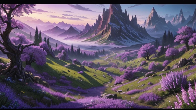 painting of a tree with purple flowers in a mountain landscape, world of warcraft concept art, high fantasy landscape, large magical trees, made of tree and fantasy valley, fantasy tree, mystical fantasy landscape, fantasy art landscape, hearthstone concept art, fantasy magical vegetation, background artwork, concept art magical highlight, stunning arcanum backdrop, magical landscape, fae wilds sky