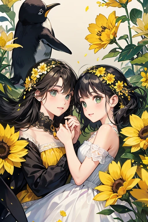 It looks like most penguins, wears yellow flowers on each side of its head. SPARKLE; GLITTER