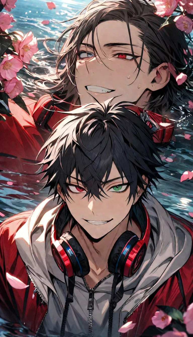 absurdres, highres, ultra detailed, HDR, master piece, best quality, Yamada Ichiro, chin length black hair, Hypnosis Mic, heterochromia, left eye is red, right eye is green, a white hoodie with two zippers, red varsity jacket, red headphones around his neck, 1man, handsome, grin, pink petals, water, pink flowers