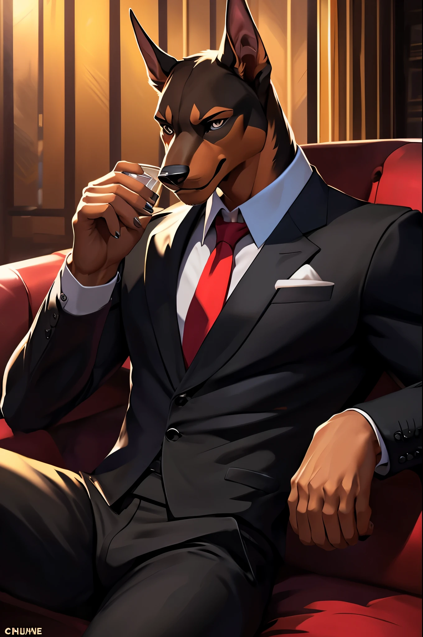posted on e621 (by Chunie), furry, male, Doberman anthro, solo, (Realistic eye details:1.2), (beautiful detailed eyes),, the physical appearance of his body is slim, athletic, and muscular, The head is a well-proportioned rectangular shape with a straight nose and a well-defined forehead stop, ears erect and pointed, The tail is long, straight, and tapered at the end, The fur is black with white markings on the chest, legs and tail, at a nightclub, Hitman wear, Black suit, Red tie, Sitting on the sofa, a cup of alcoholic drink, Full body like, Slim body