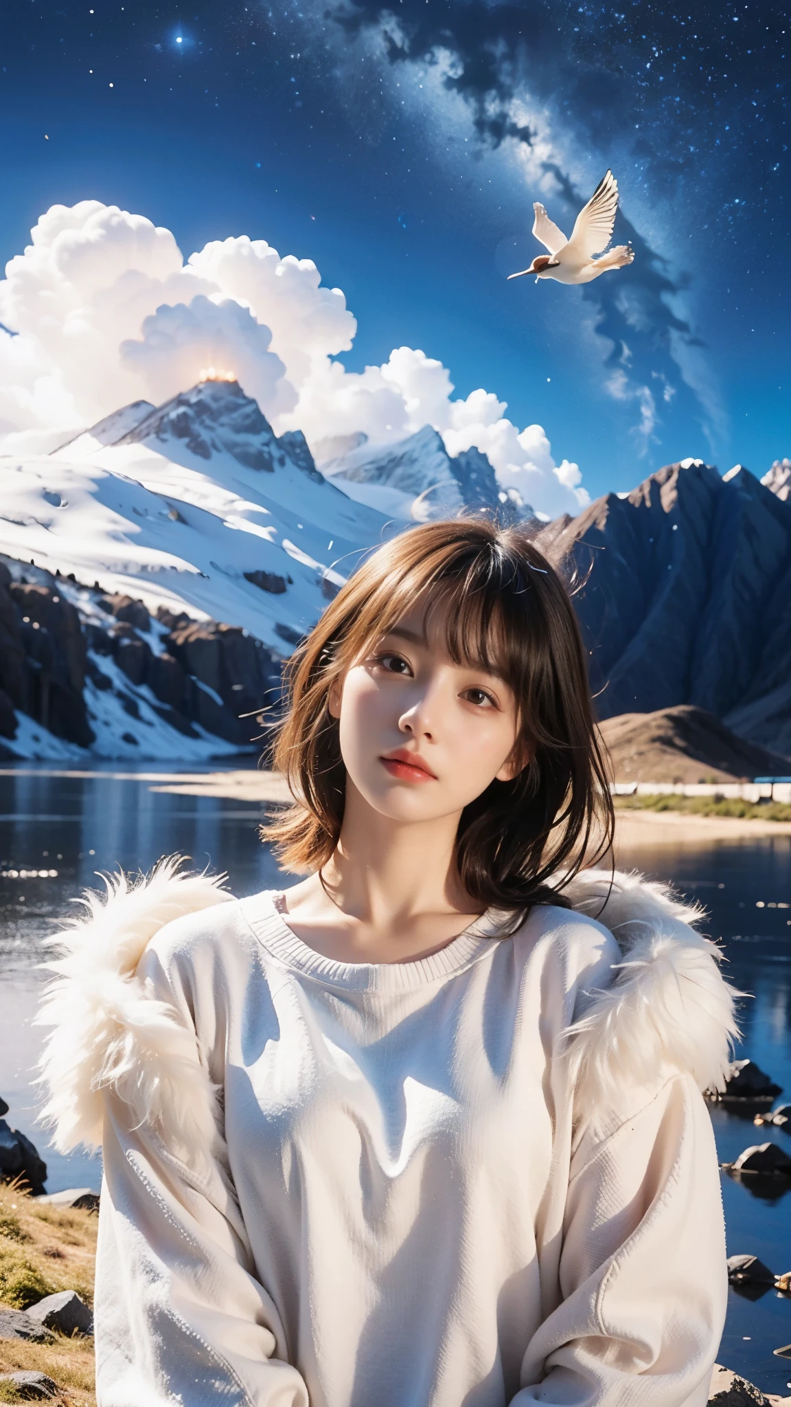 (masterpiece, best quality, high resolution, ultra-detailed, 8K, 4K), art book, 1 girl, alone, blushed face, Plump big breast, detailed eyes, detailed lips, beautiful face, medium bob hair, earrings, colourful micro bikini, brack backpack, summit of Mount Everest, outdoor, mountain area, (Japanese idle:1.6),