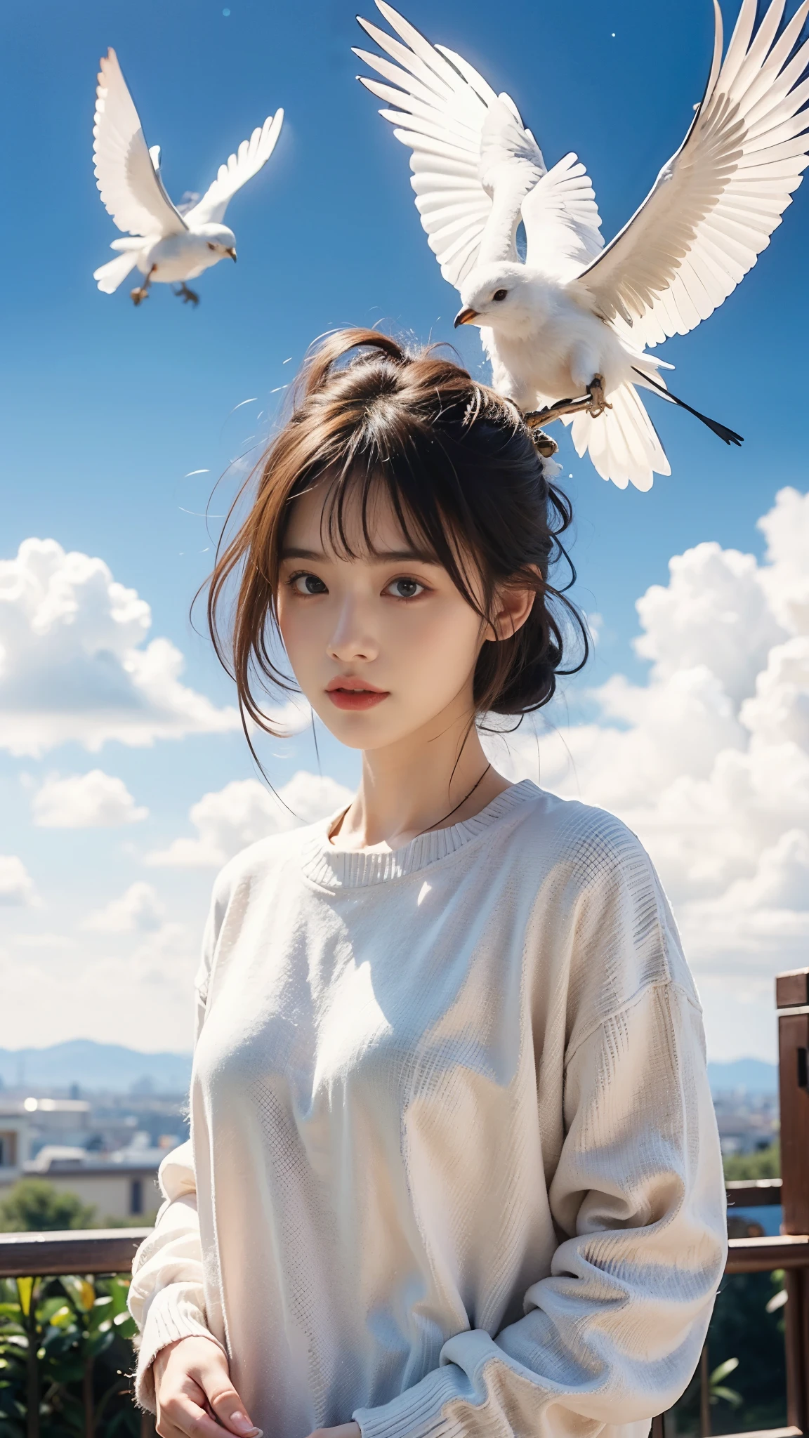 (best quality,4K,8K,High resolution,masterpiece:1.2), The girl in the clouds has hair as fluffy as clouds,bird overhead，soft sweater，tiny stars, fantasy illustration, dream color, Children&#39;s illustration style.bright colors