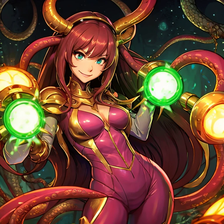 Woman wearing hot water dripping tentacles、wicked smile、Lustrous tentacles、I have a magic sword、Cel Shade Adult Animation、Metroid Suit、long hair