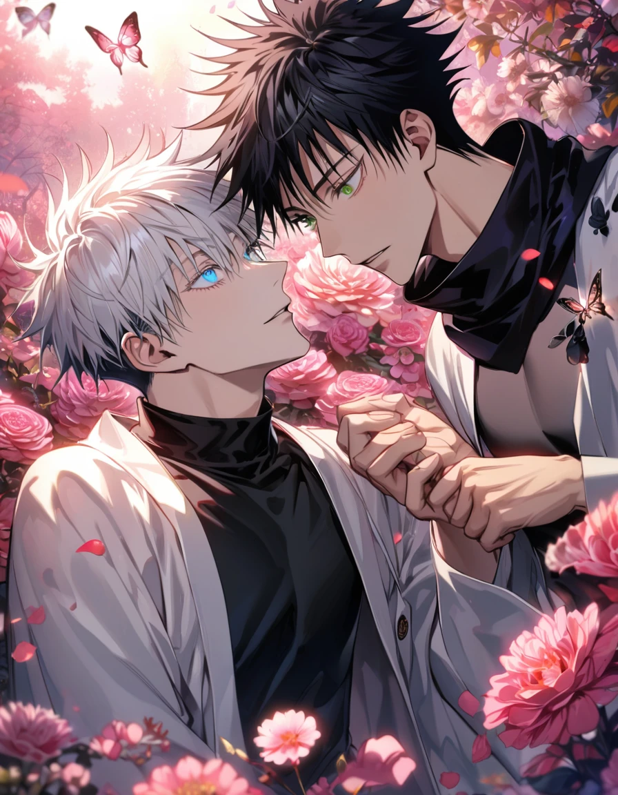 Ultra detailed, Highres, absurdres, HDR, master piece, Fushiguro Megumi, black hair, green eyes, Gojou Satoru, white hair with bangs, blue eyes, white eyelashes, Jujutsu Kaisen, black scarf, white haori, black kimono with patterns, 2 gay men together, gay couple, love, pink and violet forest, butterflies, pink lotus and petals, handsome, extremely detailed eyes and face,