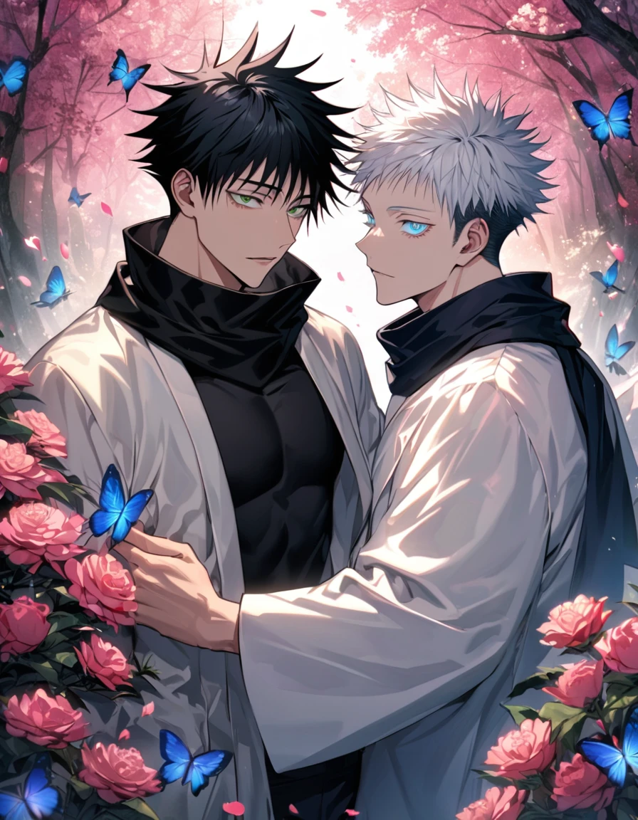 Ultra detailed, highres, absurdres, HDR, Gojou Satoru, white hair with bangs, blue eyes, white eyelashes, black scarf, black tight shirt, white haori, Jujutsu Kaisen, handsome, 2 men together as a couple, pink forest, butterflies, flowers, petals, Fushiguro Megumi, black hair, green eyes, gay couple
