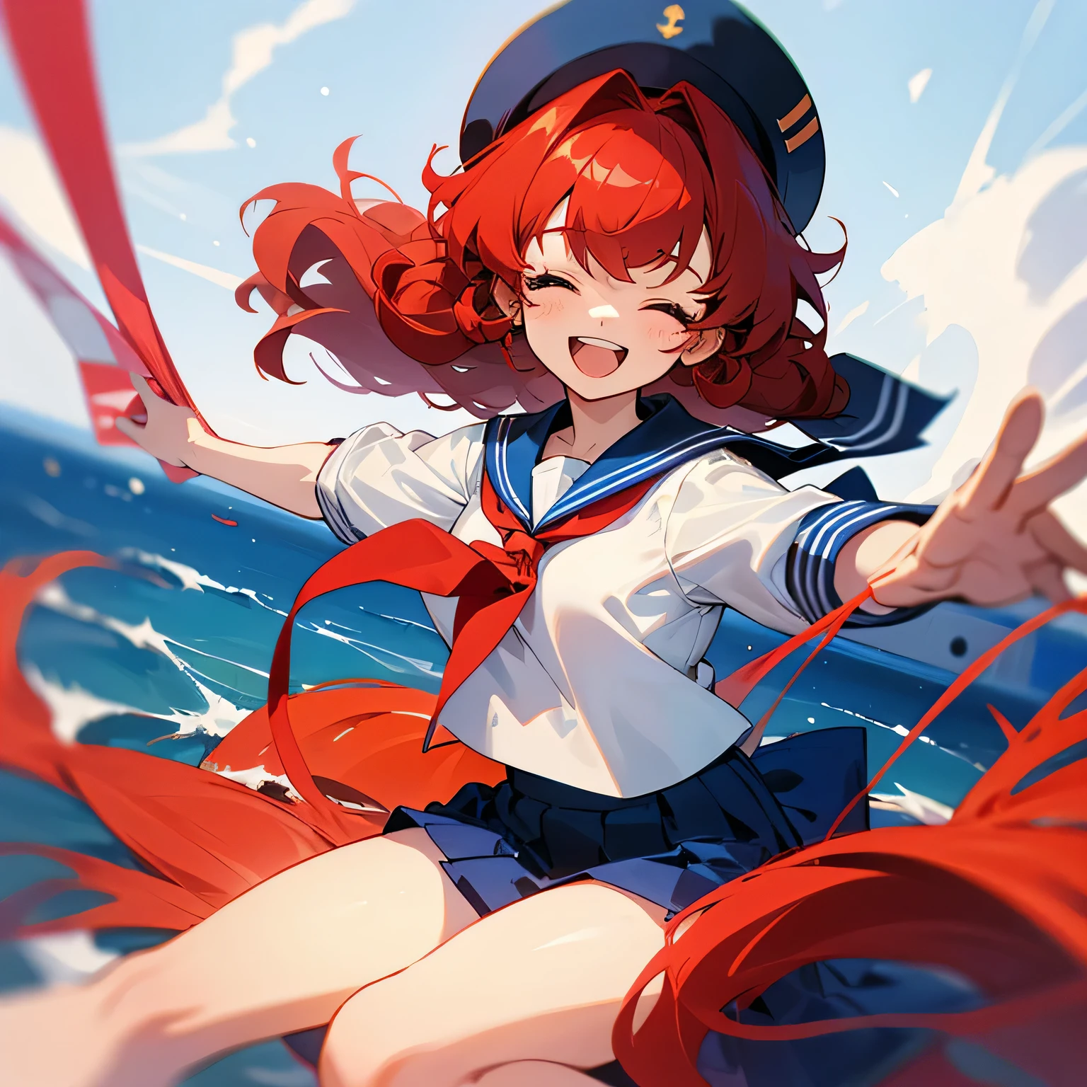 Red curly hair girl 17 years old in sailor suit laughing