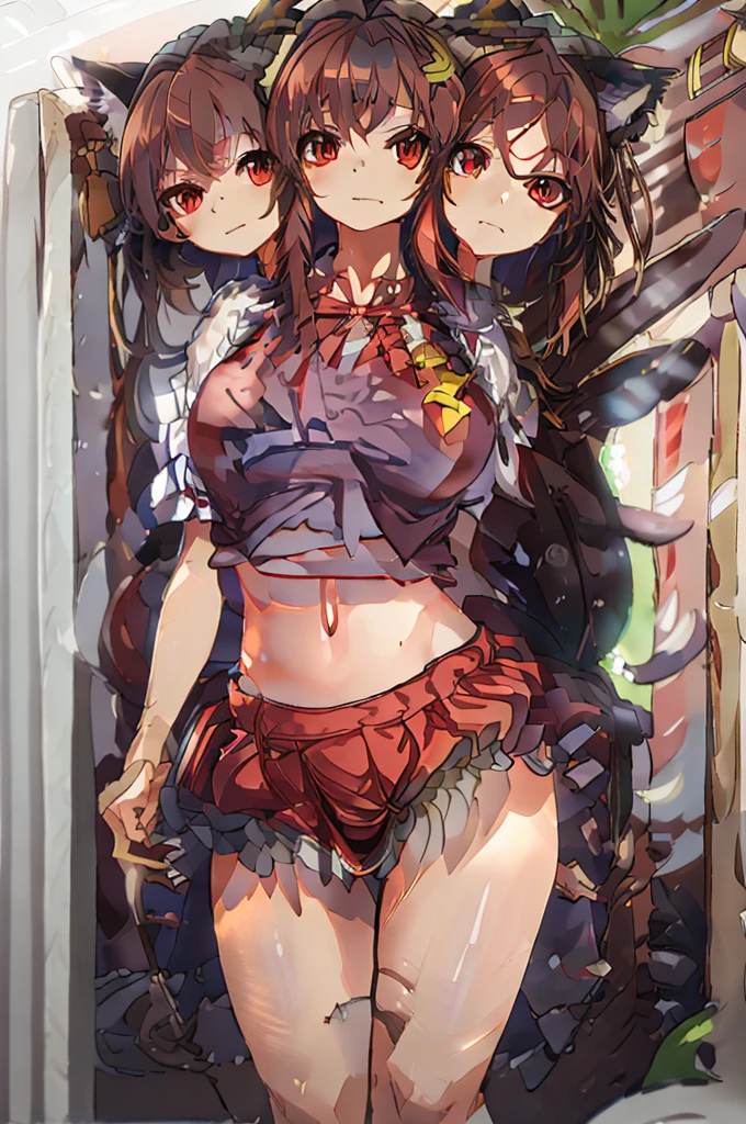 (masterpiece, best quality),best quality, (ultra-detailed), (3heads:1.5), 1girl, (chen (touhou):1.3), masterpiece, best quality, ultra quality, ultra resolution, ultra detail, red top, crop top, ((stomach)), midriff, ((groin)), red skirt, normal ears, , brown hair, very long hair, wavy hair, sidelocks, orange eyes, parted lips, open belly, sweat, cute, toned belly, hand on own , eyelashes, (24 year old woman:1.3), (masterpiece:1.5), (best quality:1.5), (beautiful detailed), extremely detailed CG, extremely delicate and beautiful, depth of field, (finely detailed face), (perfect details:1.2), (mature female:1.3), wide pelvis, slender, large veiny , 16k resolution, highres high quality, high definition, extremely detailed, masterpiece, best quality, brown hair, long hair, alluring presence, braid, short skirt, close up, big , young, animal ears, cat girl, cat ears, cat tail,