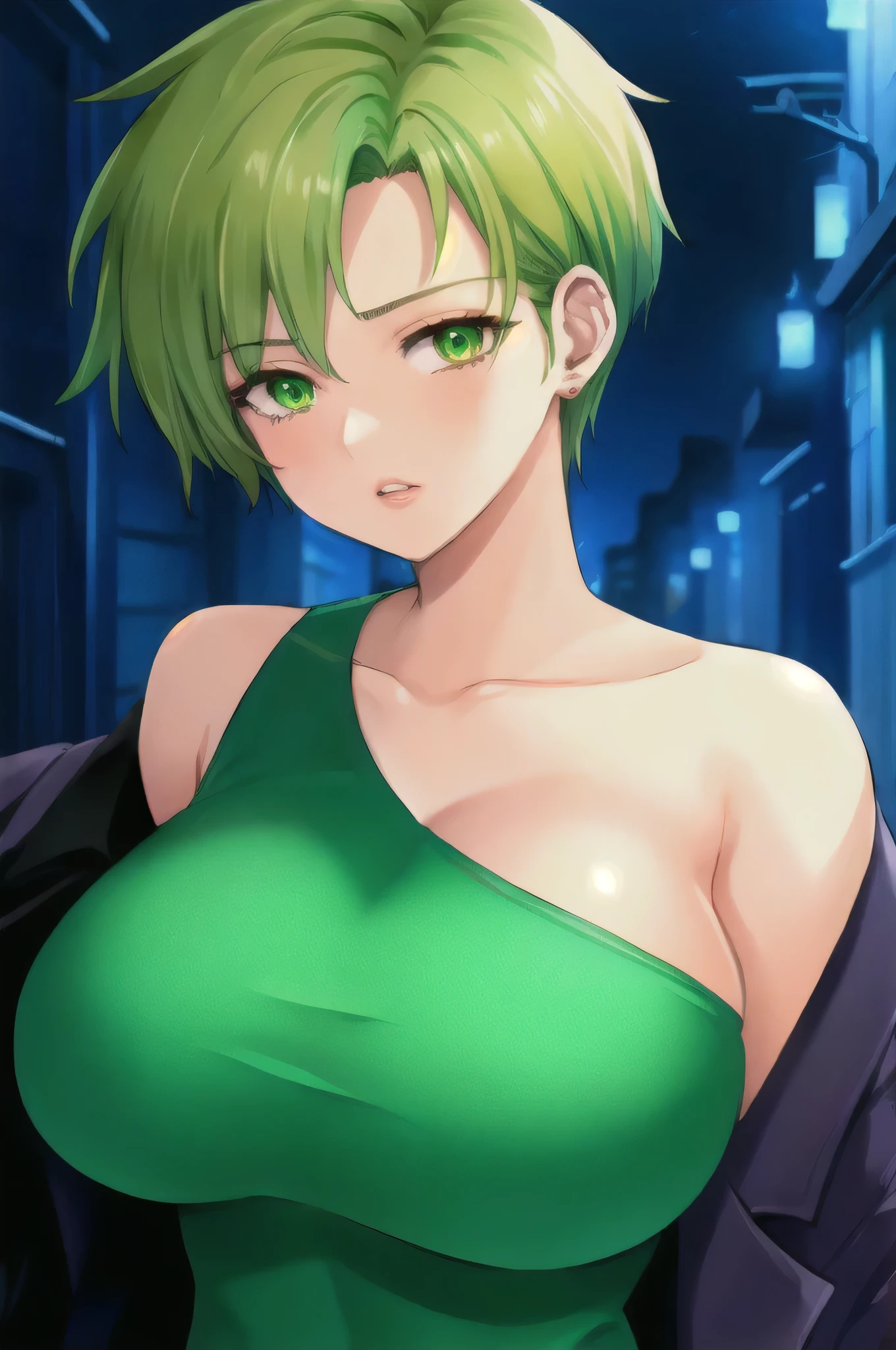 anime girl in green one shoulder sleeveless crop top with green hair, black blazer jacket coating on arms, seductive anime girl, anime moe artstyle, smooth anime cg art, sexy girl with green eyes, rogue anime girl, beautiful alluring anime woman, pixie cut, very short hairstyles, boyish haircut, middle cut, asymmetrical dress, large breasts, shoulder, collarbone 