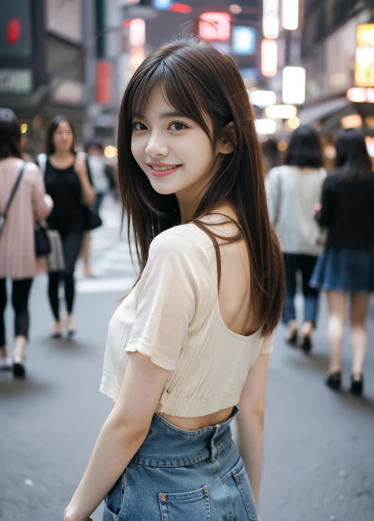 17 year old beautiful girl、Highest image quality、realistic、16K、beautiful woman、long hair、slim、With bangs、Spring Casual Fashion、one piece、Shinjuku、In the streets of Tokyo、Standing、smile、whole body、panoramic、