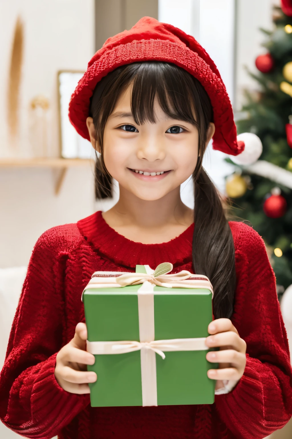 Christmas, Japanese, girl, great joy wearing a sweater, wearing a santa hat, Holding a gift box, whole body