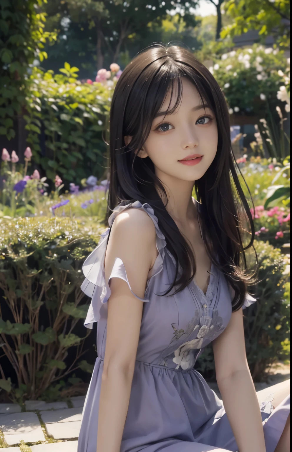 (ultra realistic) , (illustration), (increase resolution), (8K), (extremely detailed), (best illustration), (beautiful detailed eyes), (best quality), (ultra-detailed), (masterpiece),  (wallpaper), (detailed face), solo,1 girl, looking at viewers, black straight hair, delicate details,  in the dark, deep shadow, low key, pureerosfaceace_v1, happy smile, purple summer dress, full body, garden