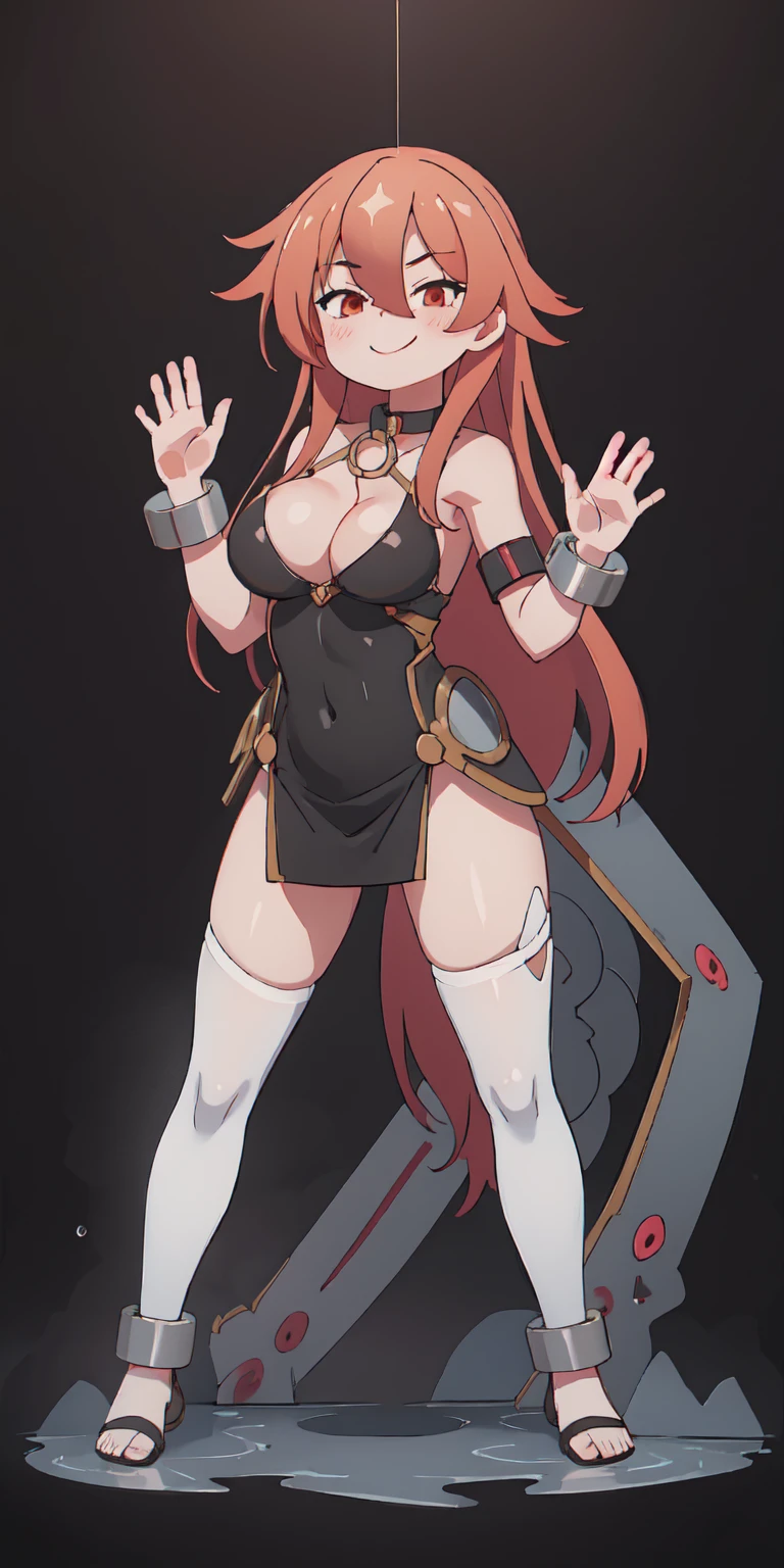 (masterpiece, best quality:1.2), solo, 1girl, hulemy, smile, looking at viewer, dark fantasy anime illustration of a (FULL BODY) perfect face, wearing tight leather stealth armor, stalking, BIG KNOCKERS CLEAVAGE, lustful smirking smile red blush red cheeks, chain leash, kneeling, shackles, leather black collar slave, ((BLACK background)) WITH KNOCKERS on glass, glass window fog water drop, 5 fingers each hand, metal handcuffs, black choker collar, thighhighs, long legs, metal ankle, metal sandals, metal shoulders, standing straight symmetrical against glass