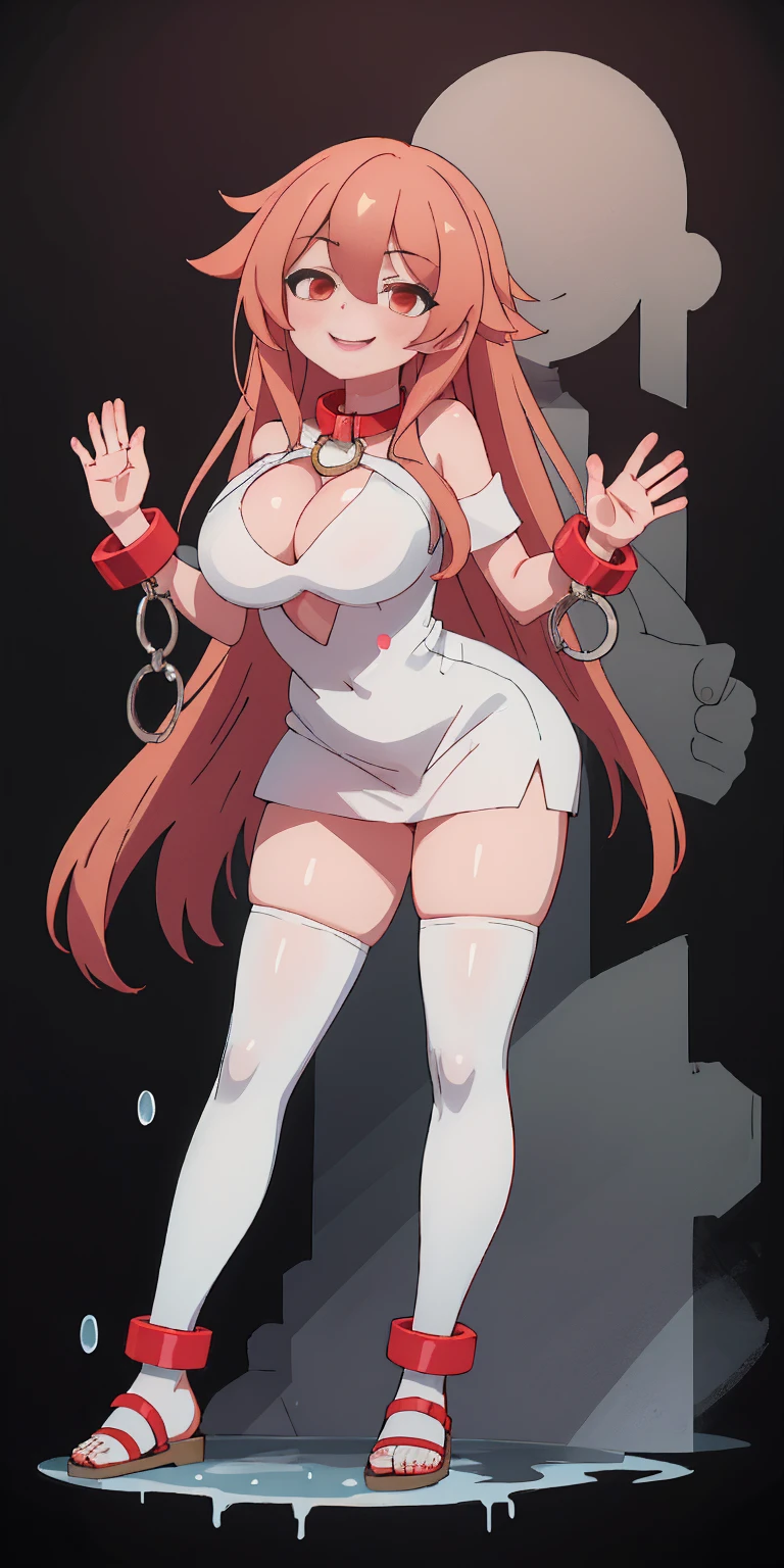 (masterpiece, best quality:1.2), solo, 1girl, hulemy, smile, looking at viewer, dark fantasy anime illustration of a (FULL BODY) perfect face, wearing tight leather stealth armor, stalking, BIG KNOCKERS CLEAVAGE, lustful smirking smile red blush red cheeks, chain leash, kneeling, shackles, leather black collar slave, ((BLACK background)) WITH KNOCKERS on glass, glass window fog water drop, 5 fingers each hand, metal handcuffs, black choker collar, thighhighs, long legs, metal ankle, metal sandals, metal shoulders, standing straight symmetrical against glass
