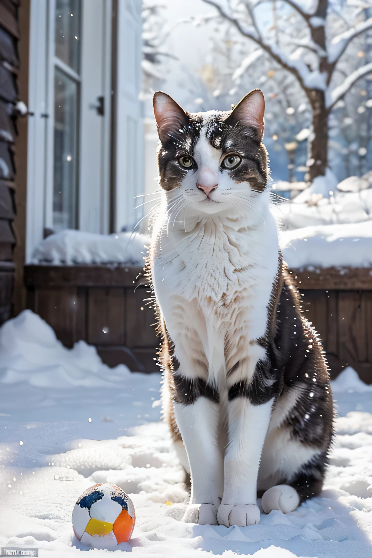 Please generate a high-resolution image with stunning details of a cat playing with a ball in the snow. The scene should be immersive and cinematic, capturing the lightness of the snow and the lively expression of the cat. The cat should be portrayed with realistic details, showcasing its unique features like fur, bright eyes, and curious posture. The ball should stand out, with light effects reflecting on the snow around it. The snowy environment should convey a tranquil and magical atmosphere, with touches of realism and artistic beauty. The final image should resemble a movie scene, with attention to the texture of the snow and the playful interaction between the cat and the ball
