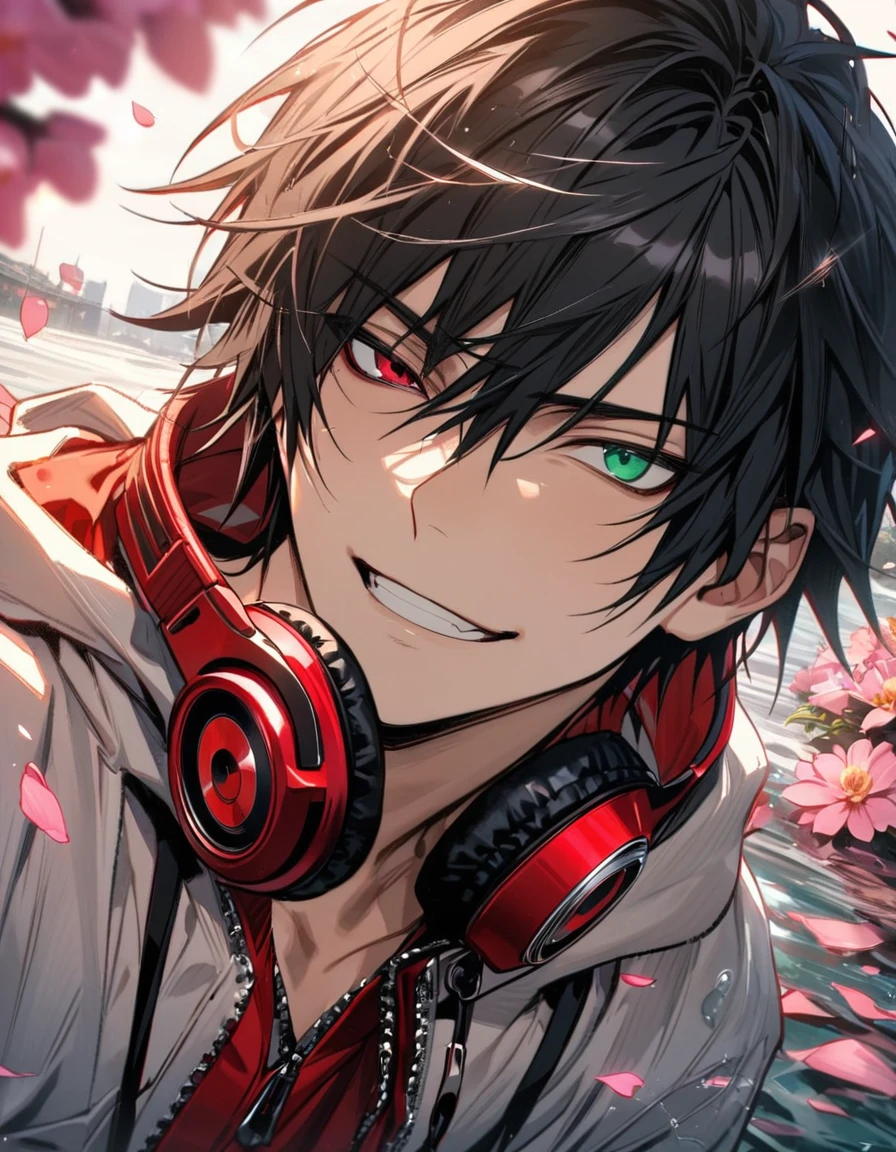 absurdres, highres, ultra detailed, HDR, master piece, best quality, Yamada Ichiro, chin length black hair, Hypnosis Mic, heterochromia, left eye is red, right eye is green, a white hoodie with two zippers, red varsity jacket, red headphones around his neck, 1man, handsome, grin, pink petals, water, pink flowers