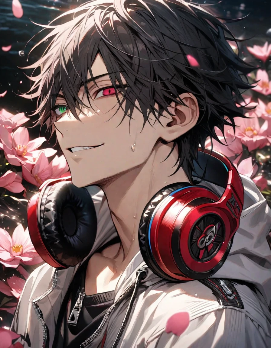 absurdres, highres, ultra detailed, HDR, master piece, best quality, Yamada Ichiro, chin length black hair, Hypnosis Mic, heterochromia, left eye is red, right eye is green, a white hoodie with two zippers, red varsity jacket, red headphones around his neck, 1man, handsome, grin, pink petals, water, pink flowers