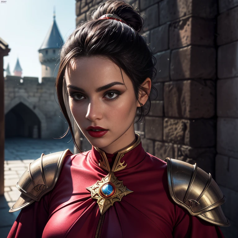 ultra realistic 8k cg, masterpiece, ((ultra detailed background, delicate pattern, intricate detail, highly detailed, fine details best quality, hyperdetailed face)), (photorealistic:1.4),beautiful lighting, absurdres, RAW photo, film grain, Azula, 1girl, solo, black hair, brown eyes, makeup, red lips, single hair bun, navel, sidelocks, hair ornament, ((medium breasts, slim girl)), ((armor, chinese clothes, capelet, boots)), ((complex detailed background, inside, dim lighting, moody lighting, inside castle, castle wall, inside, medieval castle environment)), ((close-up, portrait)),  