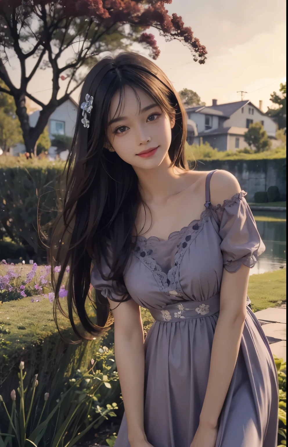 (ultra realistic) , (illustration), (increase resolution), (8K), (extremely detailed), (best illustration), (beautiful detailed eyes), (best quality), (ultra-detailed), (masterpiece),  (wallpaper), (detailed face), solo,1 girl, looking at viewers, black straight hair, delicate details,  in the dark, deep shadow, low key, pureerosfaceace_v1, happy smile, purple summer dress, full body, garden