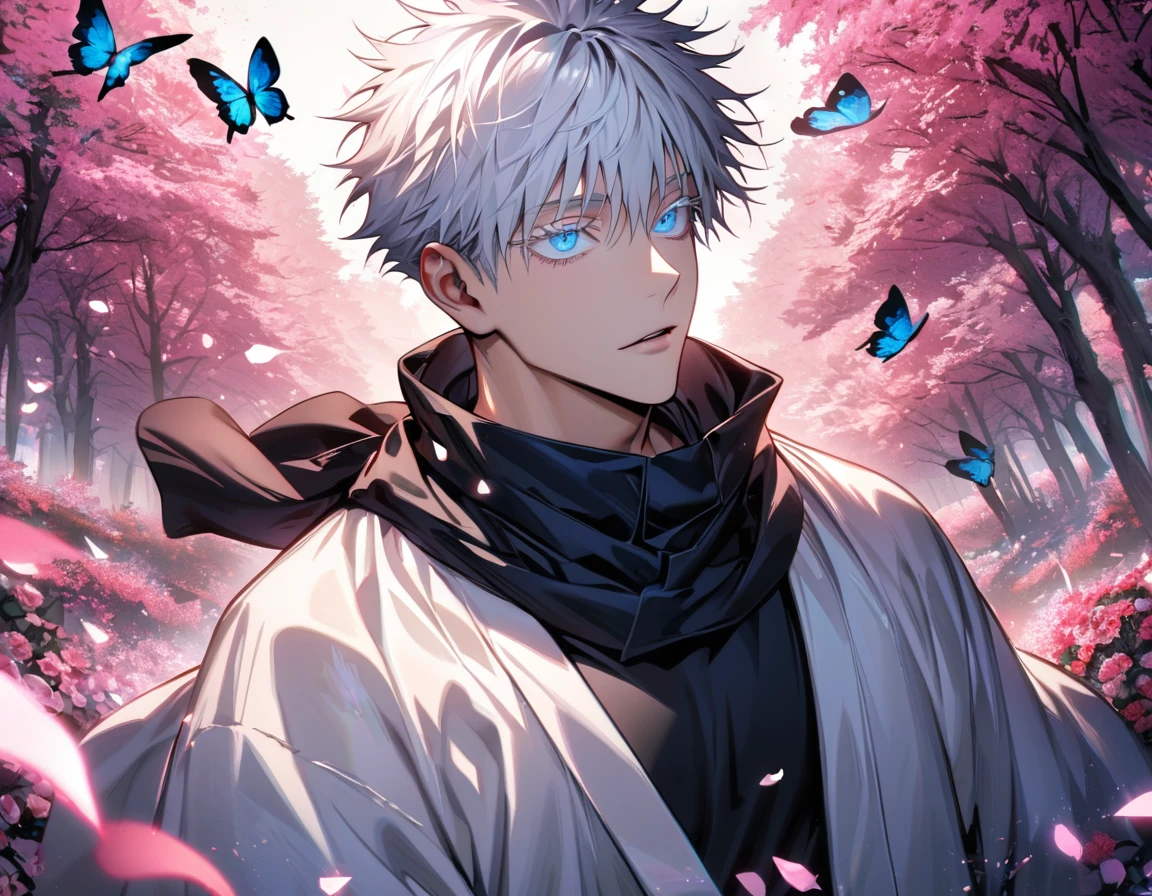 Ultra detailed, highres, absurdres, HDR, Gojou Satoru, white hair with bangs, blue eyes, white eyelashes, black scarf, black tight shirt, white haori, Jujutsu Kaisen, handsome, 1 man only, pink forest, butterflies, flowers, petals,