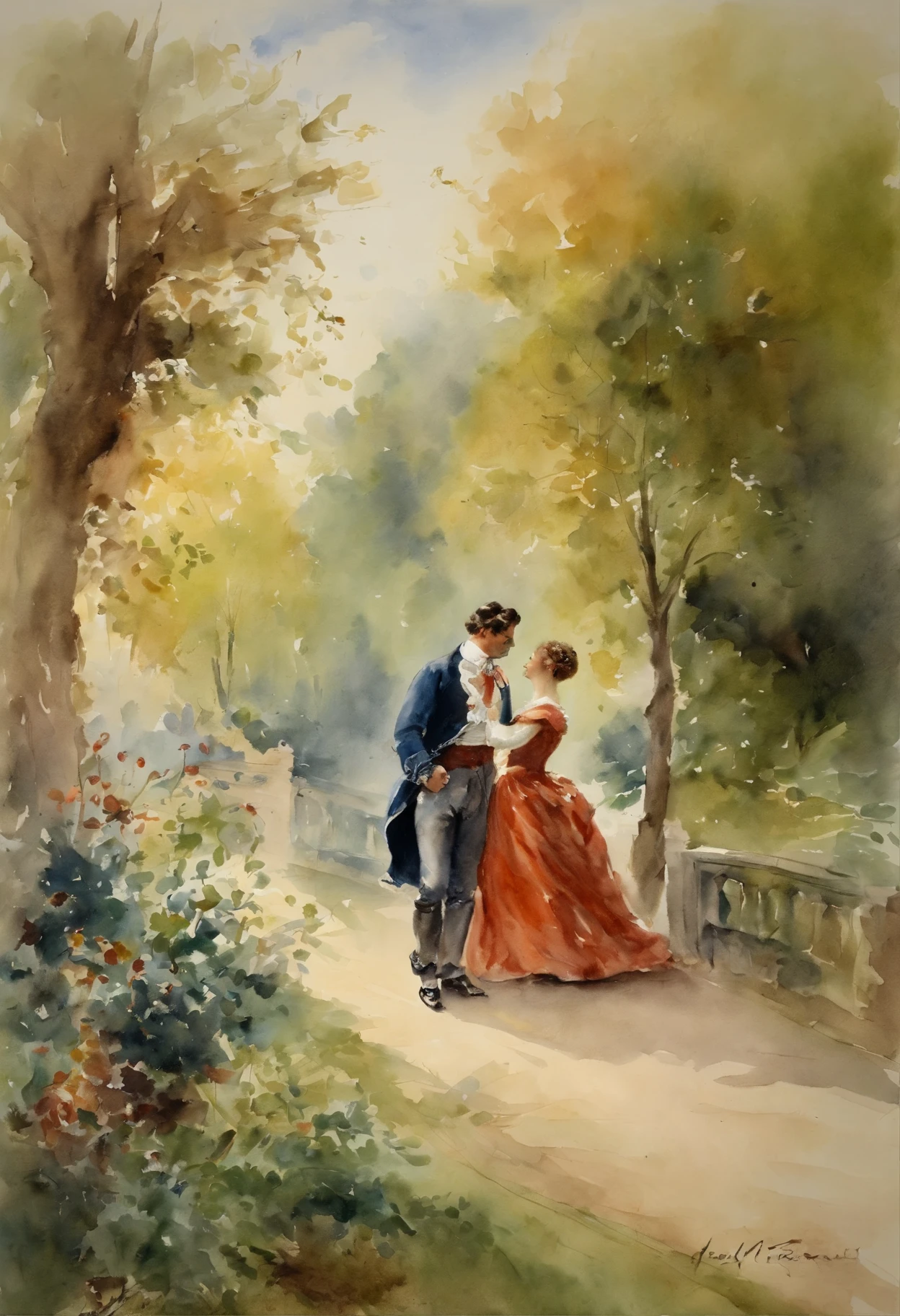 romantic scene, a young handsome man meets an elegant young lady in the park, by Adolf Menzel