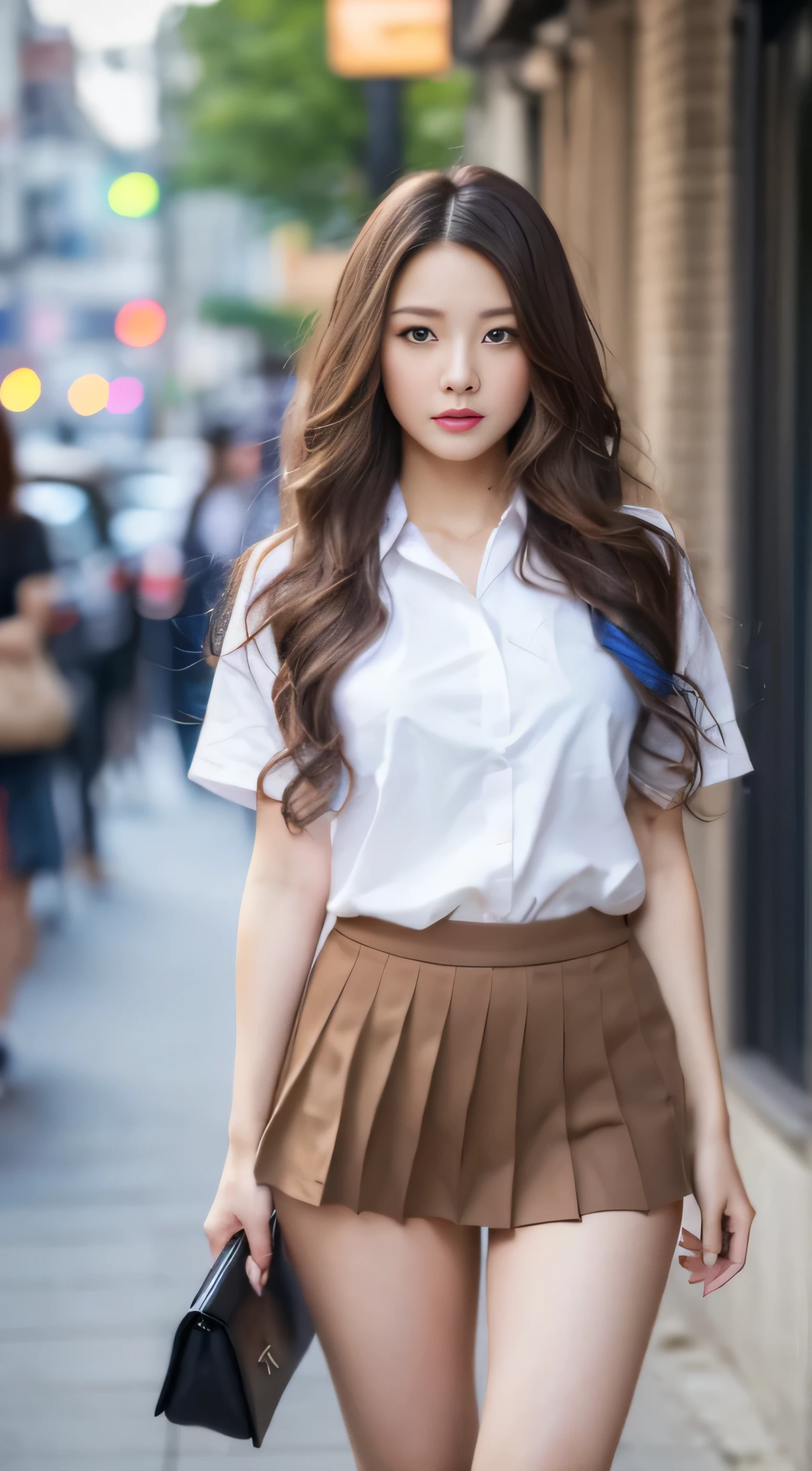 (highest quality, 8K, masterpiece: 1.3)), 1 girl, freedom of expression, ((full body: 1.3)), free pose, Innocent pose, slim face, Beautiful woman, (Free hair coloring), Tunic in free color: 1.1, elegant clothes, pleated skirt, short sleeve, Fashionable footwear, super detailed face, fine eyes, double eyelid, blurred background, slim face, city, outside, street,