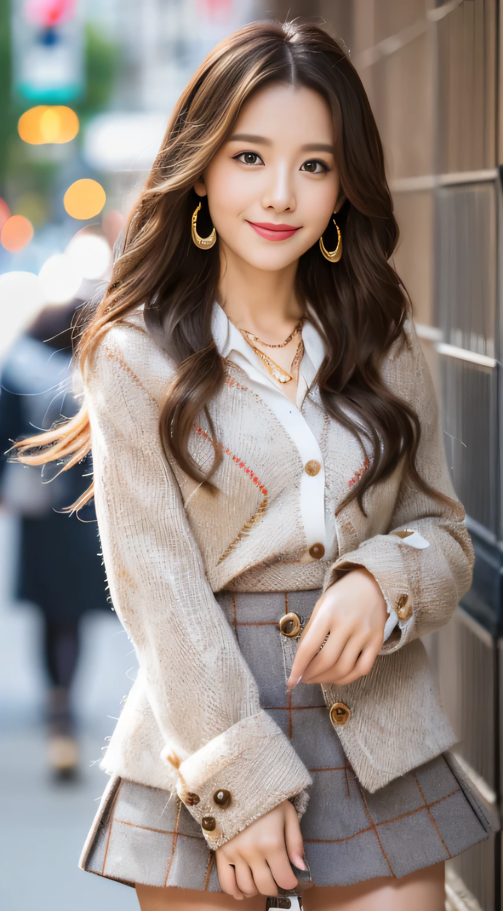 (highest quality, 8K, masterpiece: 1.3)), 1 girl, freedom of expression, ((full body: 1.3)), free pose, Innocent pose, slim face, Beautiful woman, (Free hair coloring), Fashionable footwear, super detailed face, fine eyes, double eyelid, blurred background, slim face, city, outside, street,((Super long brown hair:1.2))((Hair with loose waves inside:1.2)),((gold necklace＿Large earrings:1.2)),((shy smile:1.3)),((white long sleeve button blouse_brown tweed miniskirt:1.3)),