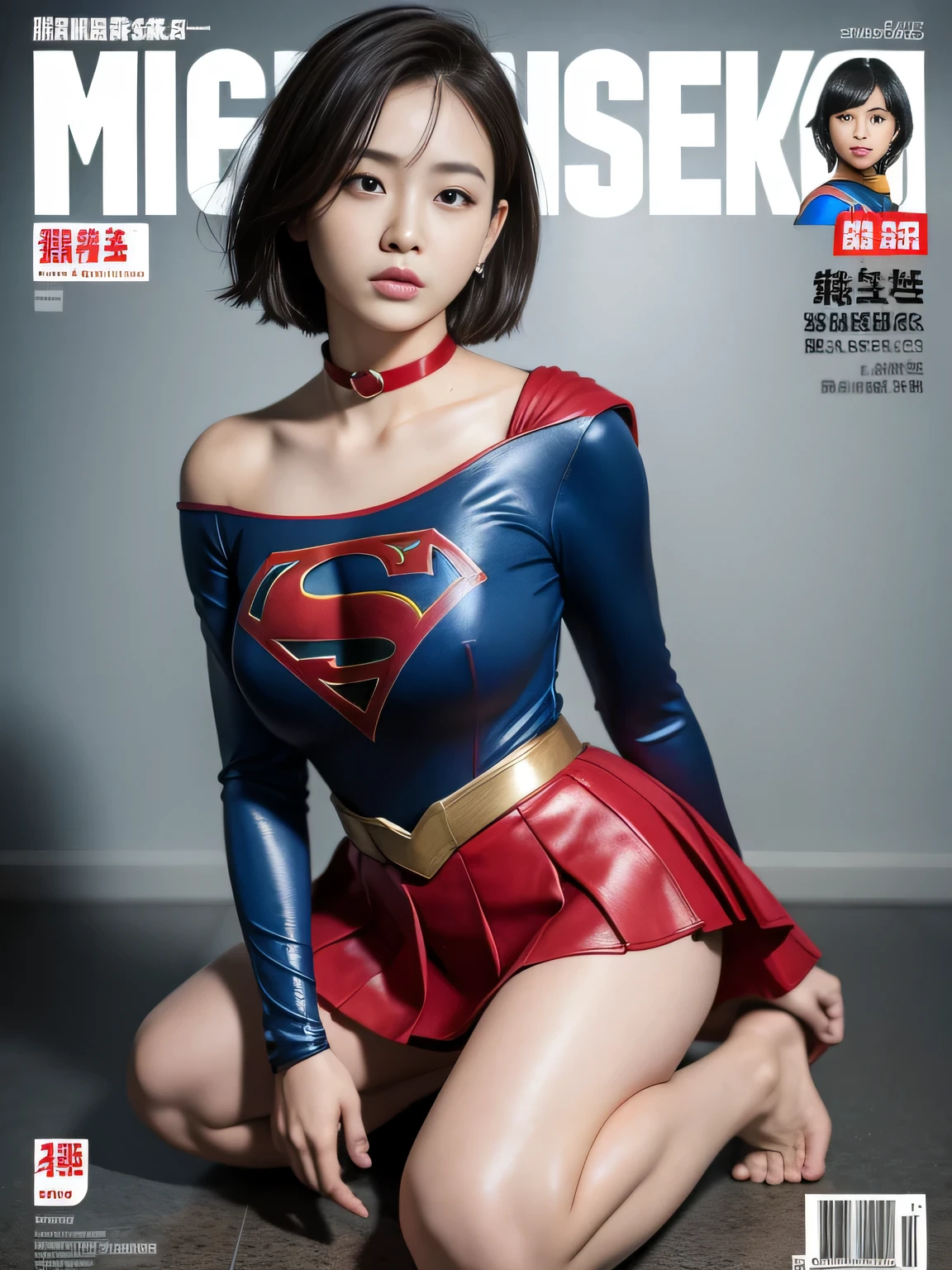 masterpiece、supergirl costume、short hair、barefoot、big and full breasts、Crisis situation、prison、camp、kneel down、sweaty、shiny、look at the camera、provoke、Estrus、choker、Weekly magazine cover、long sleeve、red mini skirt、humiliating、seductive pose、Glamorous、off shoulder、model body shape、Oily Skin、charm、charming、abused、Detention、