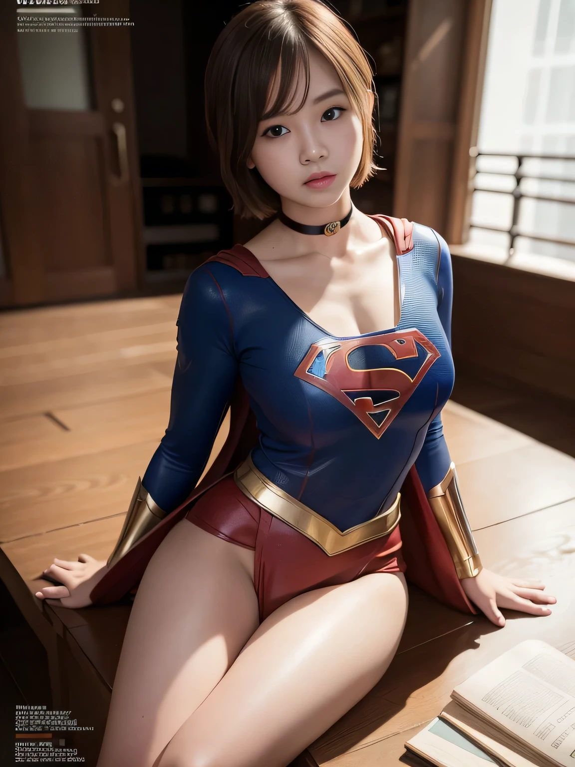 masterpiece、supergirl costume、short hair、barefoot、big and full breasts、test subject、Laboratory、lock restraint、Crisis situation、straddle、sweaty、shiny、long sleeve、look at the camera、sense of abuse、Estrus、choker、Weekly magazine cover、red mini skirt、humiliating、seductive pose、humiliating、Glamorous、off shoulder、model body shape、Oily Skin、charm、charming、abused、
