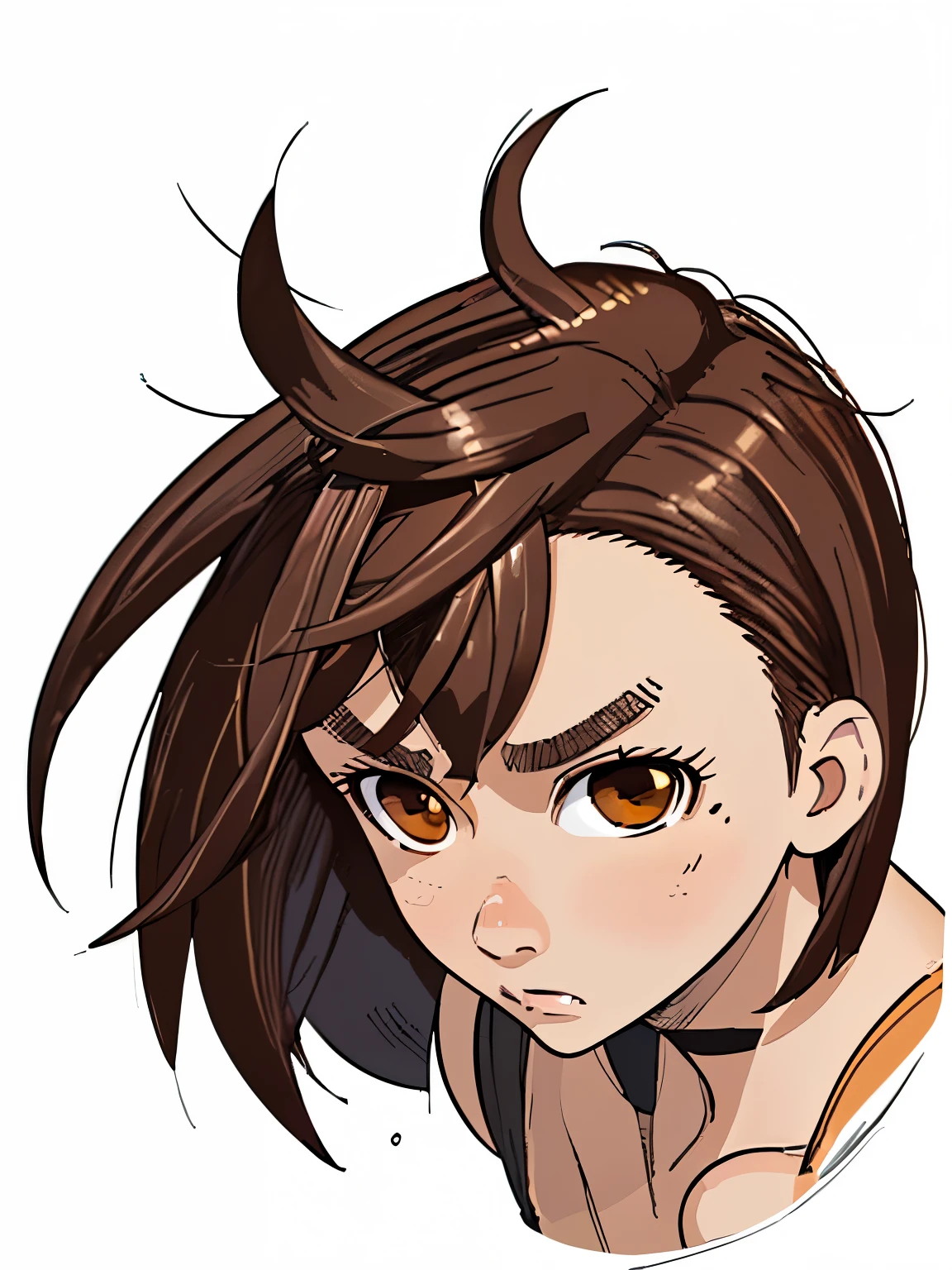 momo ayase, short hair, brown hair, (brown eyes:1.5), bangs, thick eyebrows,