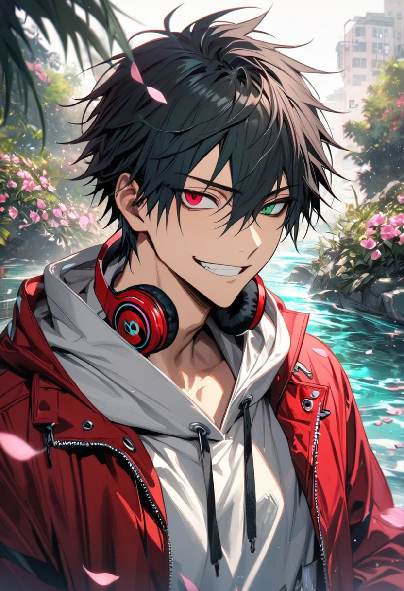 absurdres, highres, ultra detailed, HDR, master piece, best quality, extremely detailed face and eyes, Yamada Ichiro, chin length black hair, Hypnosis Mic, heterochromia, right eye is red, left eye is green, a white hoodie with two zippers, red varsity jacket, red headphones around his neck, solo, sexy man, toned chest, handsome, pink flowers, park, cherry blossom, fountain