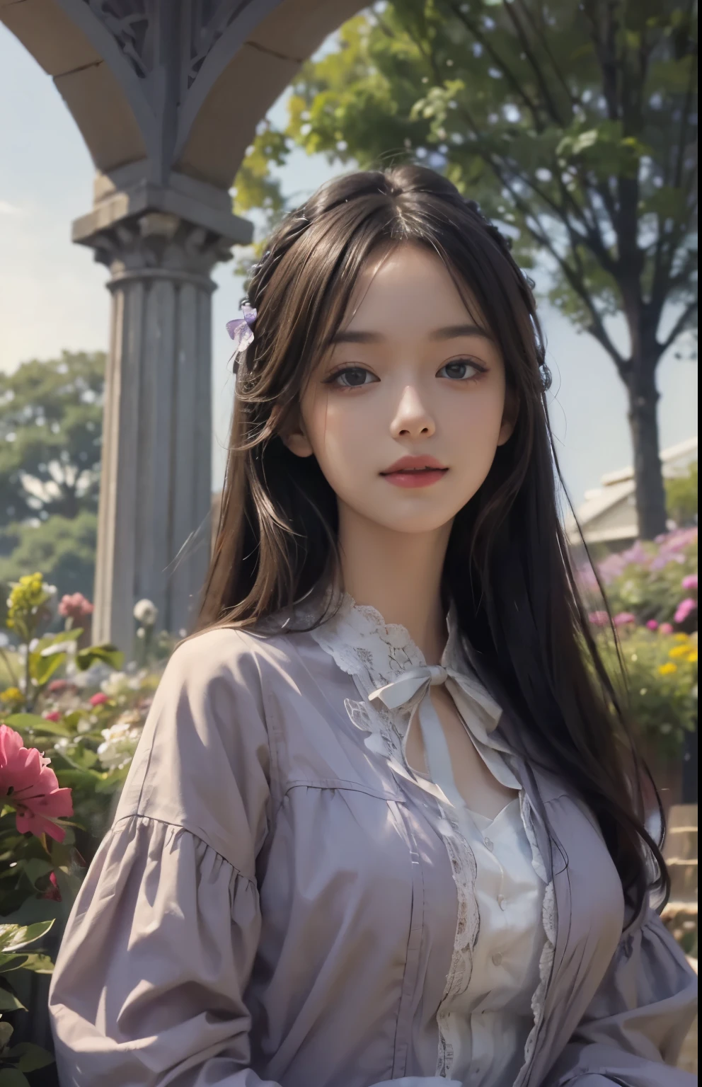 (ultra realistic) , (illustration), (increase resolution), (8K), (extremely detailed), (best illustration), (beautiful detailed eyes), (best quality), (ultra-detailed), (masterpiece),  (wallpaper), (detailed face), solo,1 girl, looking at viewers, black straight hair, delicate details,  in the dark, deep shadow, low key, pureerosfaceace_v1, happy smile, purple summer dress, full body, garden