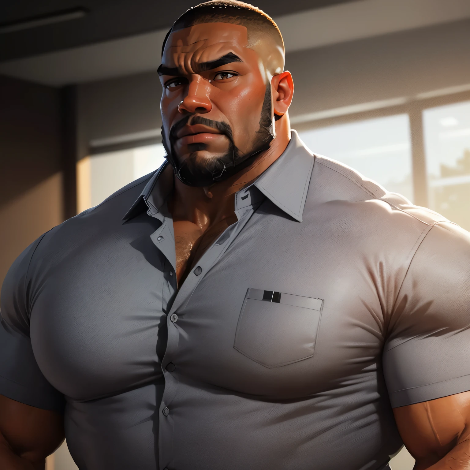 an exaggeratedly muscular and large bodyguard, beefy build, beard, dark-skinned african american male, buzzcut hair with square line, surprised expression, (wearing grey collared business shirt: 1.2), unbuttoned, (bara pecs: 1.3), (arm and chest hair: 1.1), close-up portrait HD, (modern fluorescent lecture hall)